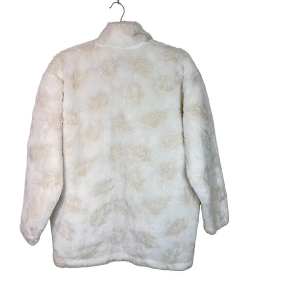 Fuzzy Sherpa Jacket Cream & Beige Leaf Pattern Cozy Full Zip Warm Coat - Picture 2 of 12